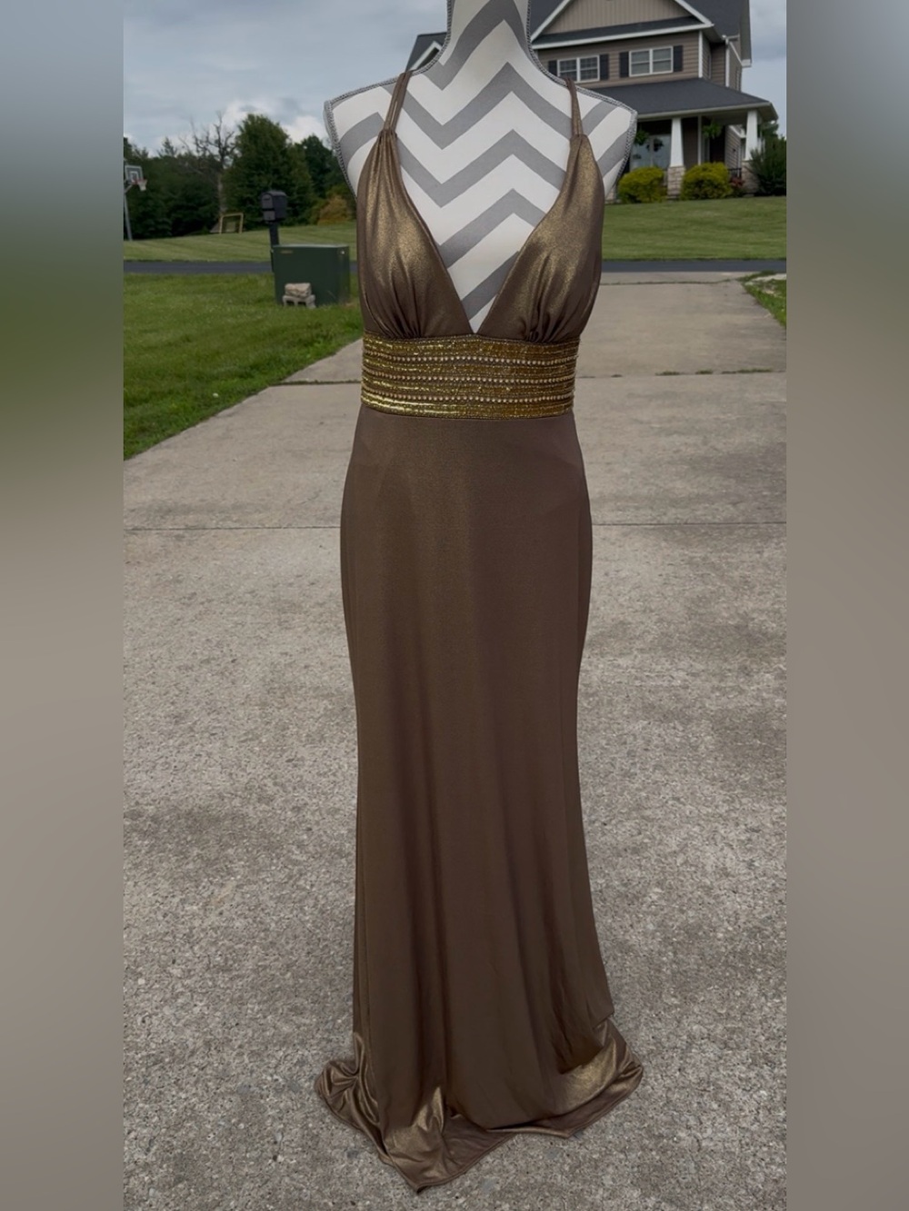 Beaded Waist Maxi Dress in Gold-Brown